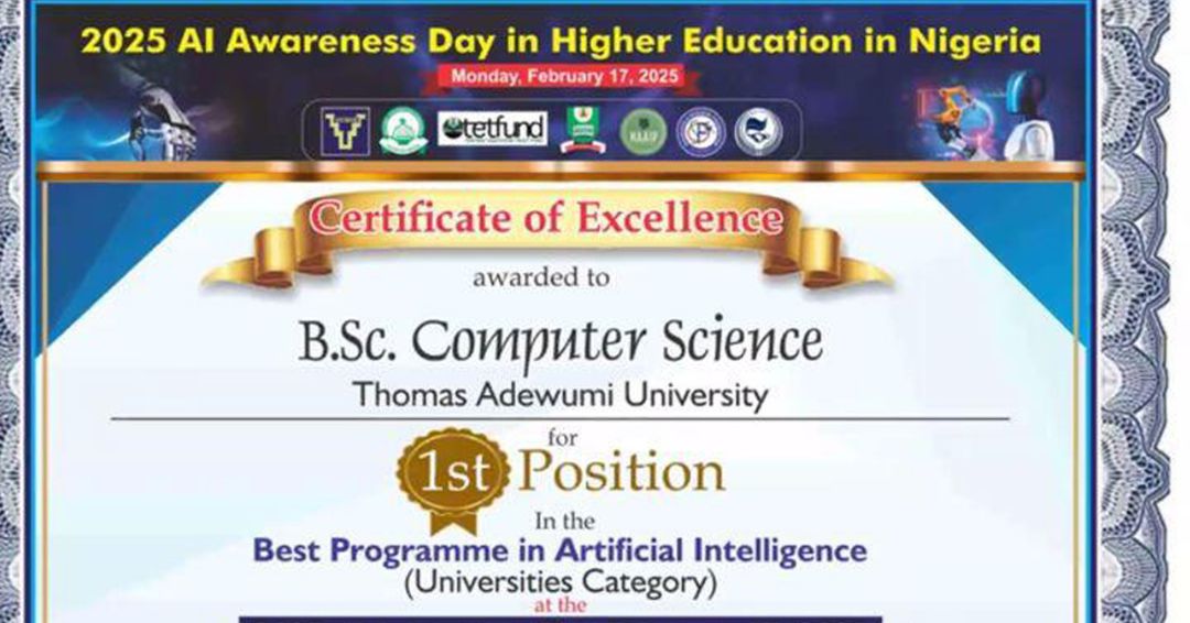 Thomas Adewumi University Wins Best Ai Programme Award In Nigeria